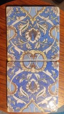 2 19thc PERSIAN Polychrome Square tiles Painted Lotus & Scrolls & Foliage