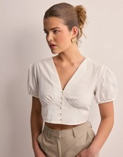 Vero Moda 100% Cotton Cropped V Neck Puff Sleeve Top White Medium 10-12 RRP £22