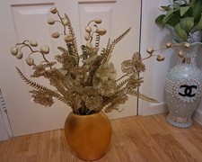 Large Gold Vase With Artificial Metallic Flowers Leafs Branches Decor Ornament