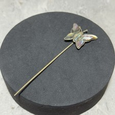 VINTAGE Abalone Butterfly Stick Pin Brooch Silver Tone Retro Lapel Hat Long