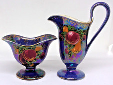 DEVON LUSTRE FIELDINGS JUG & FOOTED BOWL - Fruit Decoration  1920's .