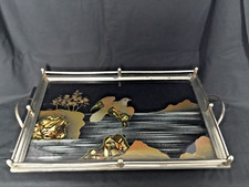 ART DECO CHROME AND GLASS TRAY FRENCH  BIRD OF PARADISE MOP INLAID GALLERY TRAY