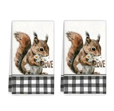 Squirrel Tea Towels White With Black Check Dish Cloths Woodland Animals