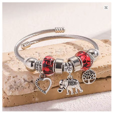 Elephant, Heart, Tree Of Life Charm Silver Bracelet - Red