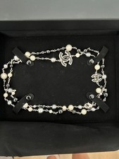 Timeless Chanel Long Necklace Silver tone pearl CC Authentic 22” drop length 
