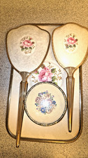 Vintage Embroidered Floral Vanity Set, Dressing Table Mirror & Brush,tray.dish