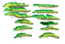 12 x Snake Flies - Chartreuse / Mahi Green Tiger - 5cm and 10cm length