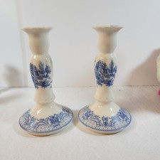 Porcelain Candlesticks Blue And White Vintage