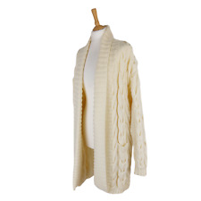 Hand Knit Women's Size M Cream Acrylic Aran Cable Knit Long Cardigan Pockets
