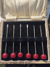 Super Early 20th Century Sterling Silver Cherry Topped Cocktail Sticks - Boxed 6