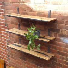 3 reclaimed Oak railway sleeper shelves with steel brackets. 1100mm x 255mm