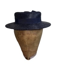 VINTAGE 1930'S HAT NAVY BLUE RIBBON BOW DETAIL BACK STRAW BRIMMED HAT