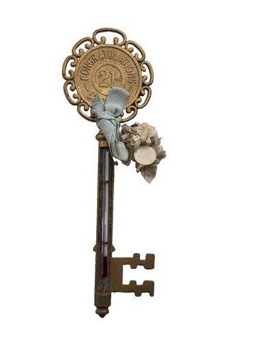 Vintage brass key thermometer - brass,