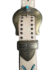 NANNI Belt EU 90 UK XL Beige Leather Gold Hardware Turquoise Stone Detail
