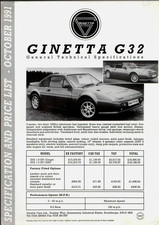 Ginetta G32 Specifications & Prices 1991-1992 UK Market Single Sheet Brochure