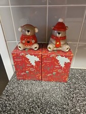 AVON Ceramic Bear LED Tealights. Set of 2. Earmuffs & Bobble Hat. Christmas Gift