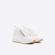River Island Womens Wedge Trainers White Quilted Side Zip Lace Up Sneakers Shoes