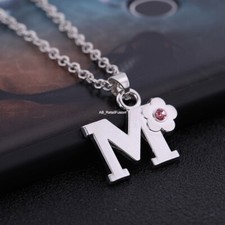 Personalised Initial Letter Pink Crystal Flower Necklace Sterling Silver Chain