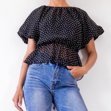 Nasty Gal Dark Navy Blue Polka Dot Puff Sleeve Blouse Open Back Size 8
