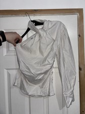 Zara Off White Asymmetrical One Long Sleeve Shoulder Button Top Size S Small