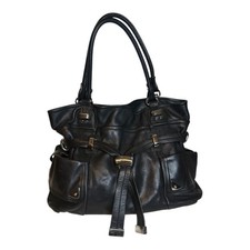 B. Makowsky Black Leather Tote Handbag with Double Handled Zipper and Pockets