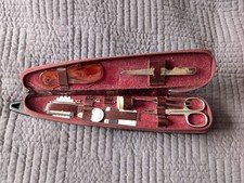 Vintage Red Leather Zip Sewing Case & Accoutrements Kit Clothes Brush VGC