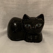 Vintage Hand Carved 3 1/2 Inch Wooden Black Cat With Blue Eyes Made India