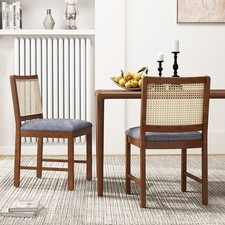 Set of 2 Rattan Dining Chairs Wooden Upholstered Kitchen Chairs-Brown