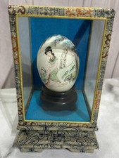 Vintage Oriental Hand Painted Geisha Egg Fabric Covered Glass Display Case Box