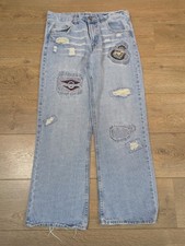 Vintage Petroleum Denim Jeans Custom Unique Embroidered Ripped W34 L30 Blue