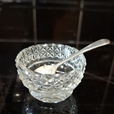 vintage old Cut Glass round  Salt Pot bowl with epns spoon