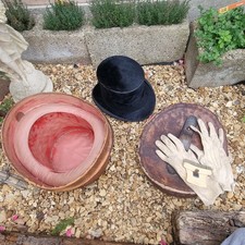Antique GA Dunn & Co. London Silk Top Hat with Leather Hat Box, Gloves & Brush