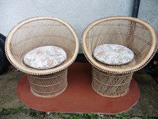 RETRO VINTAGE CANE PEACOCK STYLE CHAIRS, MATHING PAIR,  STYLISH DESIGN, CUSHIONS