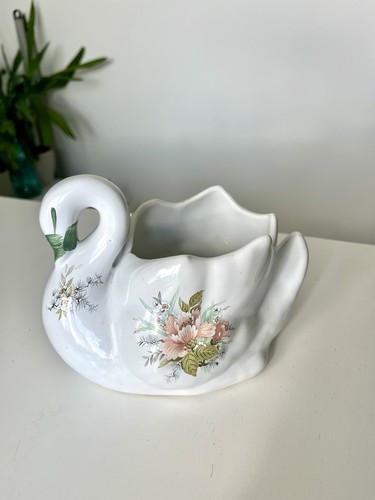 Vintage floral swan planter - vintage,