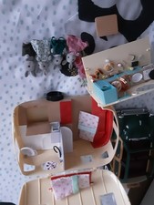 Sylvanian caravan & Green car Gray Rabbit Family with accessories 