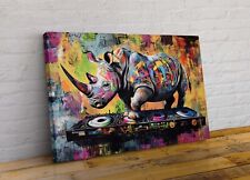 Rhino On DJ Mixer Abstract Banksy Style Framed Canvas Wall Art Picture Print