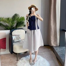 Pleats Please Issey Style Pleated Two Tone Sleeveless Top with Sea Wave Design