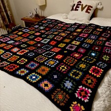 Hand Crocheted Black Traditional Granny Squares Blanket.  Brand New