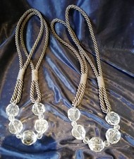 Pair Grey Curtain Rope Tie Backs & Sparkly Faux Crystal Spheres