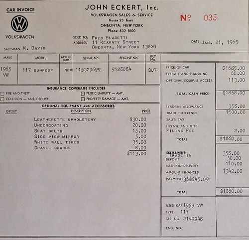 1965 117 sunroof dealer inv - 117,