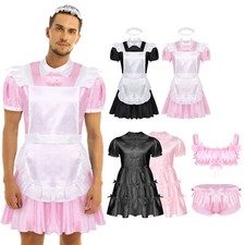 UK Mens Sissy French Maid Uniform Costumes Satin Dresses Apron Lingerie Set