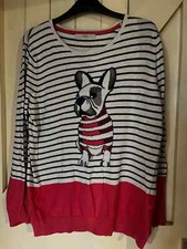 George pink blue and oatmeal striped jumper with French bulldog motif size 14