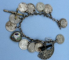 Antique Silver Charm Bracelet 11 Silver Threepence Coins Filagree Fish Enamel