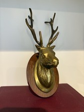 Vintage Brass Stags Head On Wood Mount