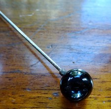 antique Victorian French jet black glass round bead top 9" long hat pin -416