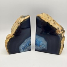 Pair of Blue Agate Bookends – Large Natural Crystal Mineral Rock Half Polished