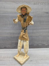 Vtg Mexican Folk Art Paper Mache Sculpture Figure & Bag Of Beans Handmade Craft.