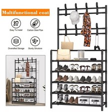 5 Tiers Metal Shoe Rack Black Shelf Coat Hat Clothes Stand Hanger with 8 Hooks