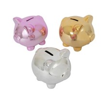 12 CM METALLIC PIG MONEY BANK SILVER / GOLD / PINK PIGGY MONEY BOX NEW GIFT BOX
