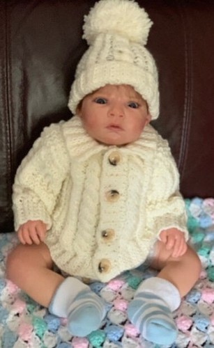 Aran baby cardigan and hat - and,